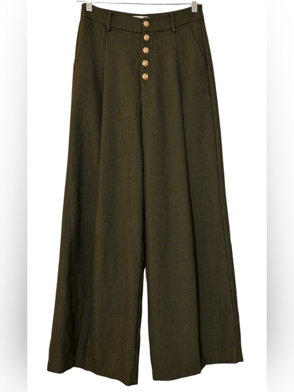 Commense High-Waisted Button-Front Wide-Leg Pants Dark Olive Green Size S Preppy - Picture 3 of 10